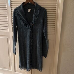 Carole Little Teal Fringed Long Button Detail Wool Blend Boho Maxi Fall Winter L